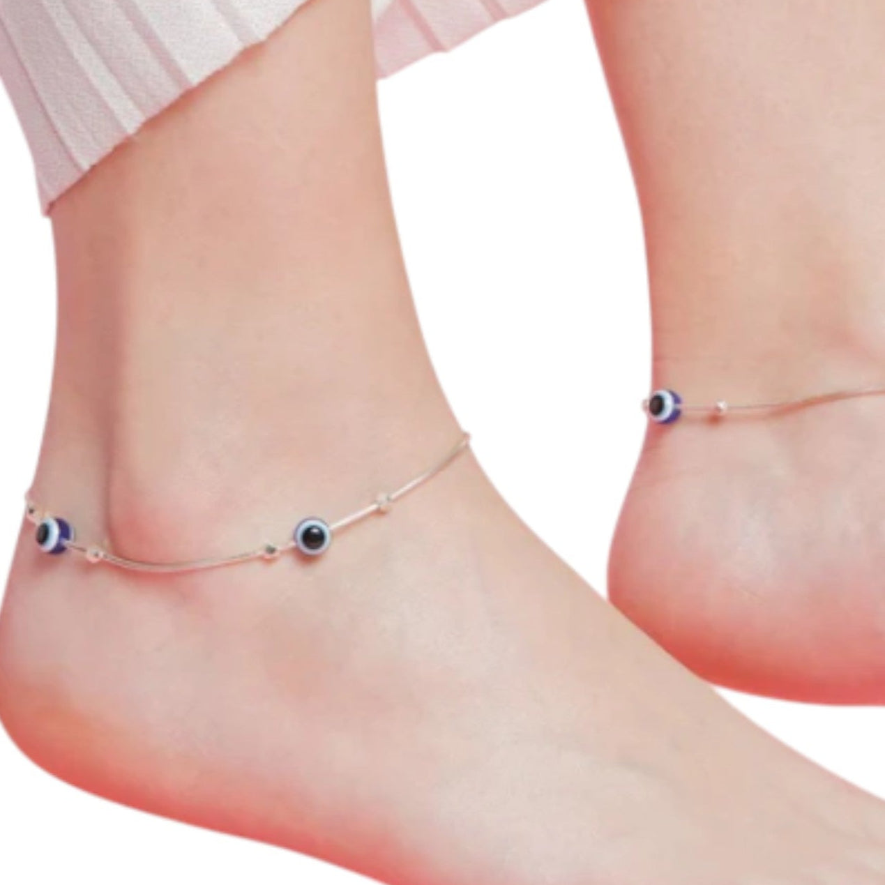 Evil Eye Beaded Rhodium Plated 925 Sterling Silver Kesardeep Impex Chain Anklet By Women